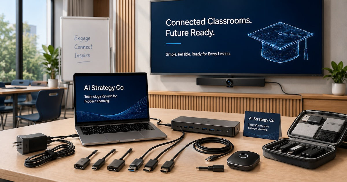 Dell-compatible laptop accessories including docking station, USB-C adapters, cables and education workspace setup