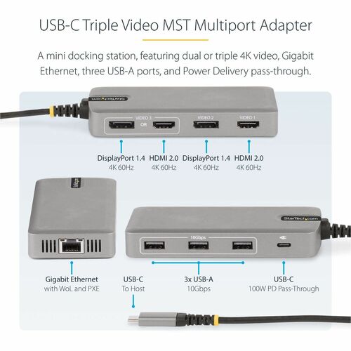 StarTech 117B-USBC-MULTIPORT USB-C triple monitor adapter with HDMI, DisplayPort, Ethernet and USB ports