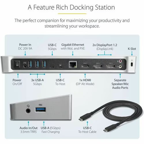 StarTech DK30CH2DPPD USB-C triple monitor docking station with HDMI, DisplayPort, Ethernet and USB ports - additional view 8