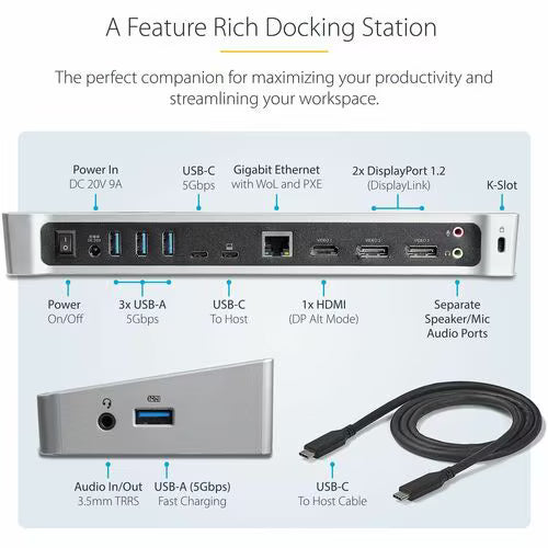 StarTech DK30CH2DEP USB-C triple monitor docking station with HDMI, DisplayPort, Ethernet and USB ports