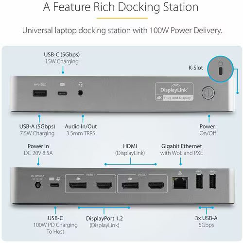 StarTech DK30C2DPEP hybrid USB-C and USB-A dual 4K docking station with Ethernet and USB ports