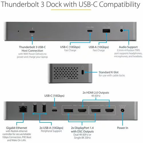 StarTech TB3CDK2DH USB-C docking station for MacBook with HDMI, DisplayPort, Ethernet and USB ports