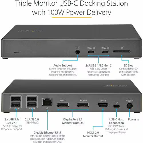 StarTech DK31C2DHSPD USB-C triple 4K docking station with HDMI, DisplayPort, Ethernet, USB ports and SD card reader